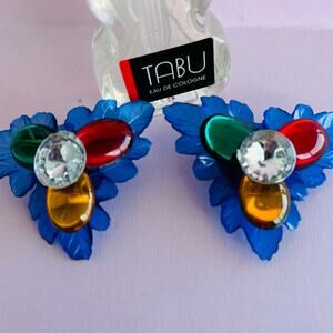 Vintage STATEMENT 1980 Retro Blue Jeweled Floral Clip On  Earrings